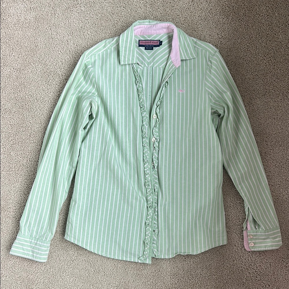 Vineyard Vines mint, white, pink stripe fitted button down shirt